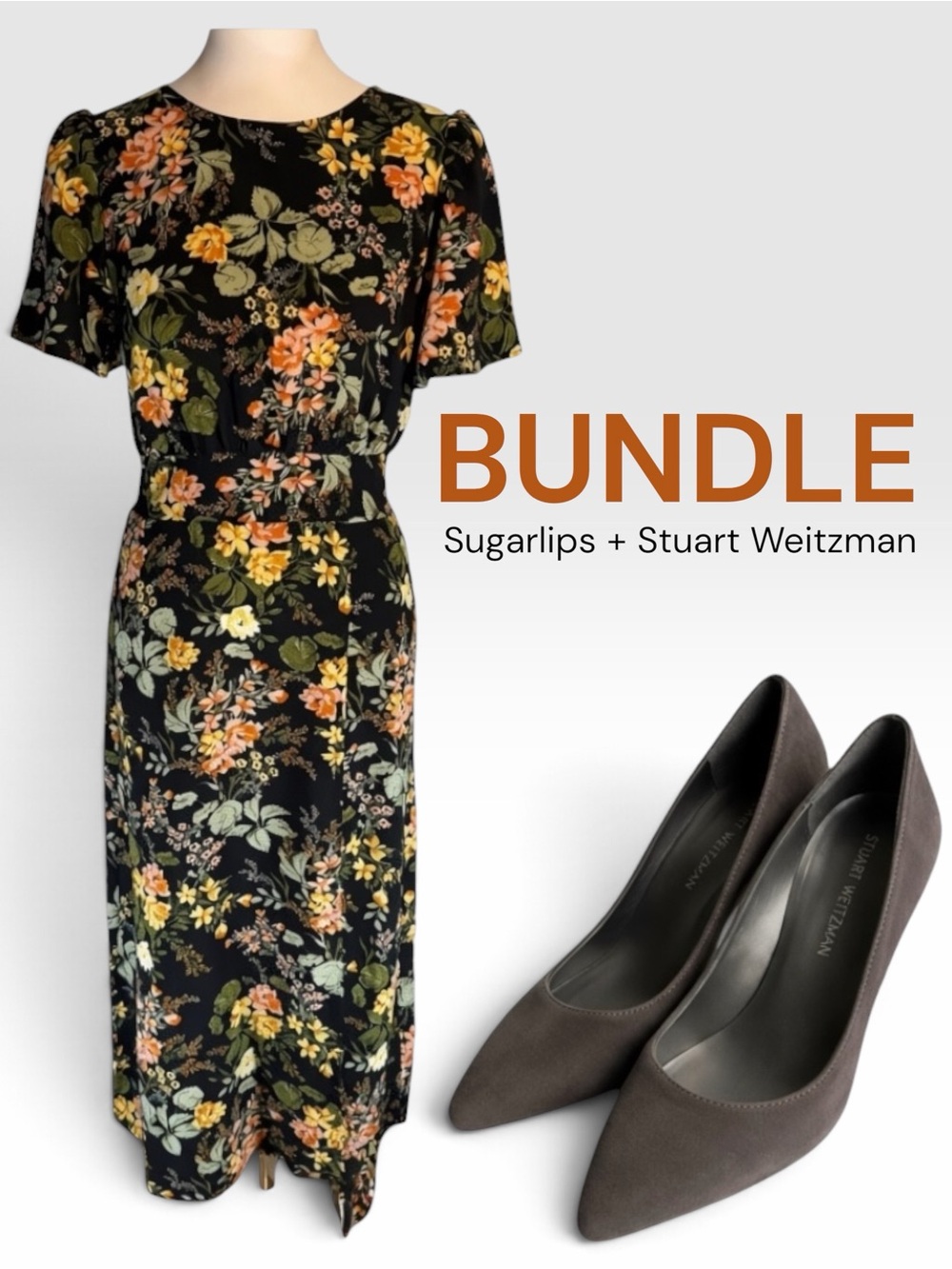 Bundle! Sugarlips Dark Floral Midi Dress S + Stuart Weitzman Suede Pumps 9
